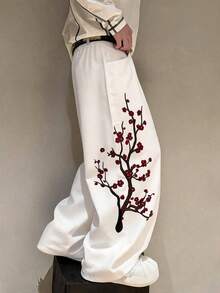 DAZY White Plum Blossom Embroidery Distressed Straight Leg Men's Jeans - White - View 7