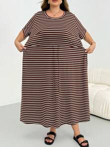 SHEIN CURVE+ 大尺碼女款休閒洋裝、短袖洋裝、條紋洋裝、女士夏季套裝、畢業洋裝、戶外穿著 - 彩色 - 查看 7