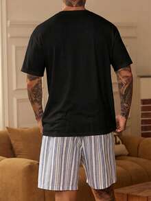 DAZY Short Sleeve Top And Shorts Set With Small Pattern Embroidery, Multi-Color Men's Loungewear - Black - View 2