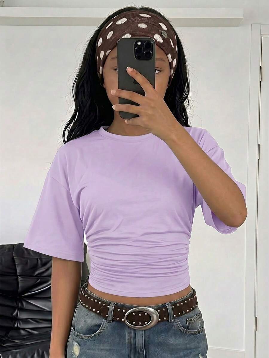 SHEIN T-shirt décontracté élégant et polyvalent pour filles préadolescentes, nouvelle mode, couleur unie, froncé à la taille, convient pour - Parme - Voir 1
