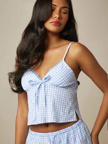 MISSGUIDED Gingham Check Lace Trim Cami Top With Tie Front Detail Spaghetti Strap Lounge Crop Top - Blue and White - View 5