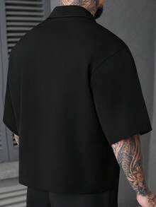 SLATEMANN 男士純色極簡休閒短袖短版襯衫，街頭風雙排扣襯衫，正式場合適用 - 黑色 - 查看 2