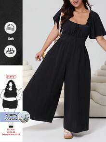 SHEIN CURVE+ 大尺碼女款百褶綁帶寬鬆連身褲，適合日常通勤、度假，黑色夏季休閒款，柔軟顯形，優雅傳統波希米亞風，適合正式場合與早午餐 - 黑色 - 查看 1