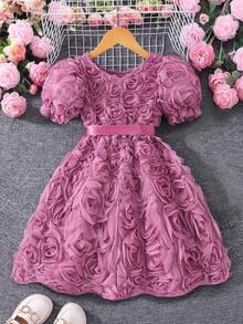 Glamorique Kids 女童纯色泡泡袖3D花朵装饰优雅连衣裙（配腰带），夏季 - 紫色 - 查看 3