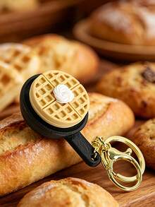 MINKOJA 1pc Realistic Miniature Pancake Keychain Fluffy With Frying Pan Base Golden Syrup Cream Butter Accent Decorative Food Charm Novelty Keyring For Backpack Purse Car Keys - Multicolor - View 5
