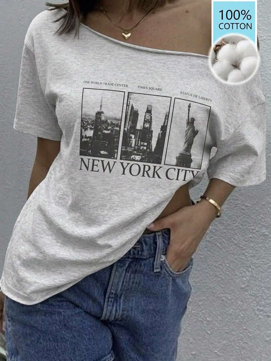 DAZY 春夏寬鬆休閒街頭風度假海灘旅行沙紋印花淺灰色女款T恤 Y2K - 淺灰色 - 查看 1