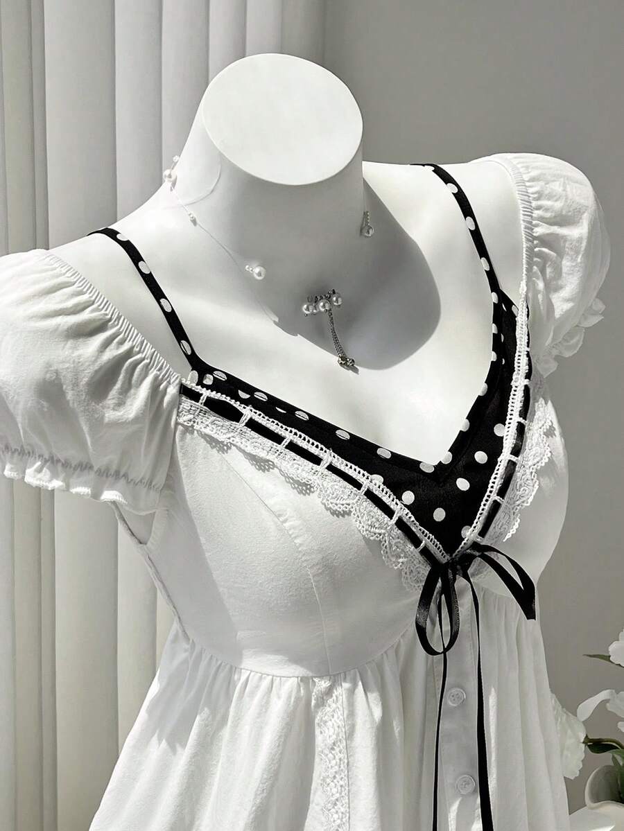 Elamini Colorblock Patchwork V-Neck Ruffle Hem Design Gentle Sweet Casual Style Women's Summer Top - Black and White - View 1