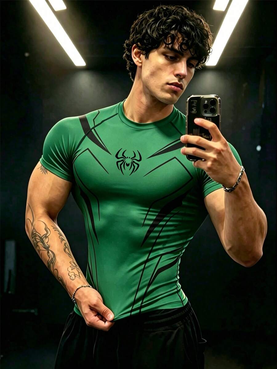 GymBeat Men's Spider Print Short Sleeve Slim Fit Sports T-Shirt - Black - View 1