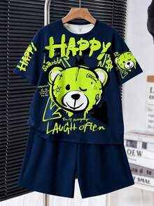SHEIN Tween Boy Casual Comfortable Minimalist Round Neck Short Sleeve T-Shirt And Shorts Set - Multicolor - View 3
