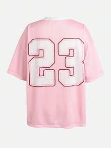 SHEIN Girlism 青少年女孩夏季休閒簡約粉色字母與數字圖案 23 寬鬆短袖T恤 遊戲服飾，適合遊戲 - 粉色 - 查看 3