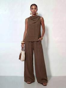 Zivah Summer Commuter Casual Loose-Fitting Coffee Brown Sleeveless Scarf-Neck Top In Linen Fabric+ Wide-Leg Pant Women Two Pieces Set Vacation - Brown - View 10