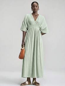 Ontre 2026SS Women's Comfortable Skin-Friendly Linen Fabric Fitted Silhouette Raglan Sleeve Waist Pleated Flared Bow Elegant Wedding Vacation Guest Outfit - Green - View 4