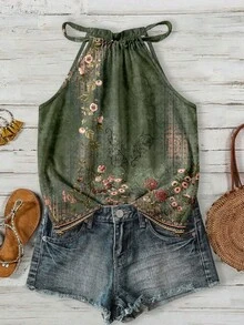 SHEIN LUNE 女款花卉印花時尚休閒百搭掛脖背心上衣 - 彩色 - 查看 3
