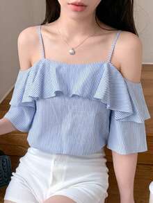 DAZY Blusa de mujer con cuello redondo, manga corta de malla en contraste y ribete de volantes - Azul - Ver 5