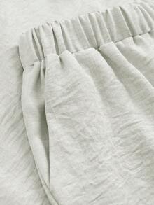 Linavere V-Ausschnitt Knopf Kurzarm Shorts Set Damen Lässig Zwei Teile - Aprikosenfarben - Übersicht 5