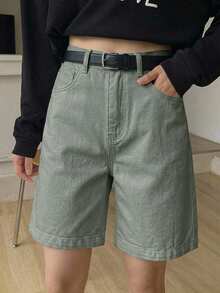 DAZY 夏季新款舒適休閒寬鬆女款牛仔膝蓋長度短褲 - 軍綠色 - 查看 6