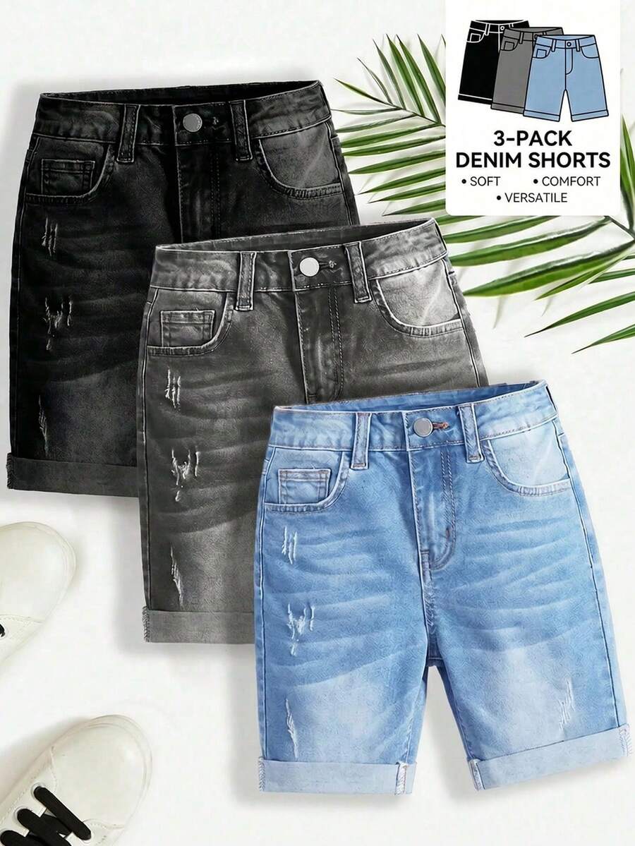 SHEIN 青少年男孩 3件組休閒街頭風翻邊破洞牛仔短褲，適合夏季、學校、校園、大學 - 彩色 - 查看 1