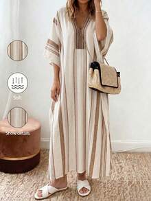 SHEIN Holidaya 女款長洋裝 數碼印花 夏秋季服飾 套頭式 度假海灘女裝 2026新款 日常通勤 百搭約會 - 卡其色 - 查看 3