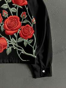 Manfinity ZONE917 Boxy Cropped Loose Fit Faux Embroidery Rose Floral Print Long Sleeve Shirt, Suitable For Spring And Summer, Gift For Friends - Black - View 4