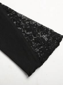 SHEIN Tween Girl Tween Girls Solid Color Lace Patchwork Flared Sleeve Asymmetric T-Shirt - Black - View 4