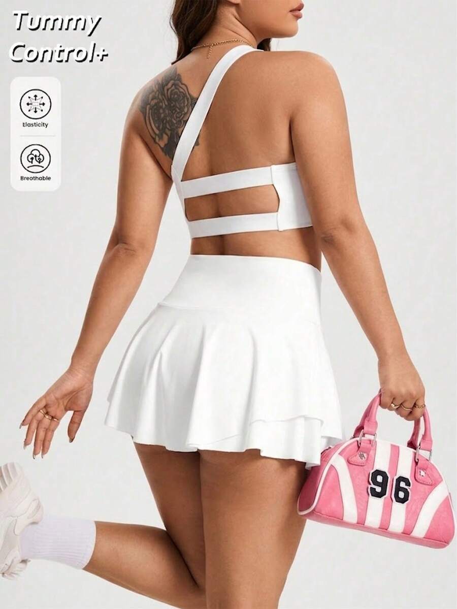 SHEIN Sports 2PCS Spring/Summer Plus Size Women's Sports Set, One-Shoulder Removable Padded Bra Top And Double-Layer Ruffle Skirt With Built-In Leggings And Pockets, Suitable For Casual Wear, Running, Yoga, Gym, Tennis, Golf, Cycling - White - View 1