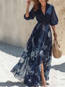 SHEIN LUNE 女款夏季優雅度假風花卉印花歐根紗泡泡短袖腰部繫帶收腰長洋裝 - 彩色 - 查看 5