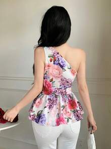 Celisse Floral Print Asymmetric Shoulder Tie-Waist Ruffle Hem Fashionable Versatile Office Lady Blouse - Multicolor - View 2