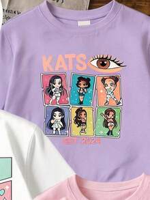 Set de 3 camisetas de niña con estampado de dibujo animado de capibara, de cuello redondo y manga corta para el verano - Morado - Ver 4