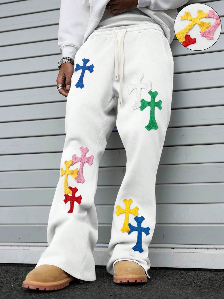 PAVTROS Men's Casual Loose Fit Cross Embroidery Sweatpants - White - View 1