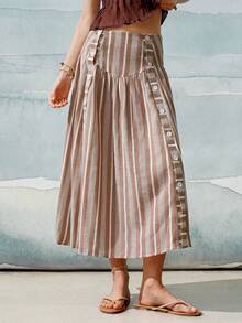 SHEIN Falda casual bohemia de mujer para otoño con lunares marrones y blancos, cintura alta, botones laterales y abertura, falda línea A, estilo bohemio para uso diario, vacaciones, playa y picnic - Caqui - Ver 3