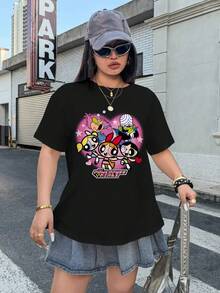 THE POWERPUFF GIRLS X SHEIN Plus Size Crew Neck Short Sleeve Casual Cute Printed T-Shirt - White - View 3