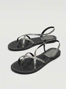 Nöista Flat Sandal With Crisscross Straps Adorned With Small Gold Studs. Summer Shoes - Grey - View 3