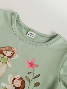 SHEIN Vintaside Kids 春夏季綠色可愛仙女圖案女嬰睡衣套裝，2件組，短袖搭配荷葉邊袖口與下擺 - 綠色 - 查看 4