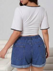 Solflare Women's Plus Size Embroidered Trim Short T-Shirt - Black and White - View 2