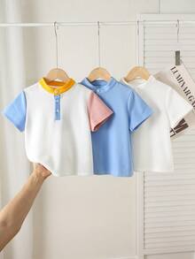 SHEIN Young Boy Knitted Contrast Color Patchwork, Solid Color 3 PiecesShort Sleeve Tops, Casual And Comfortable - Multicolor - View 4