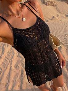 Swim Vcay Swim Chiccia 女款歐美純色海灘度假性感鏤空透視波西米亞風無袖針織罩衫短版吊帶洋裝 夏季新款優雅黑色極簡日常鉤編編織細肩帶海灘罩衫洋裝，女款海灘度假套裝，度假洋裝，適合度假、約會、下午茶、郵輪 - 黑色 - 查看 3