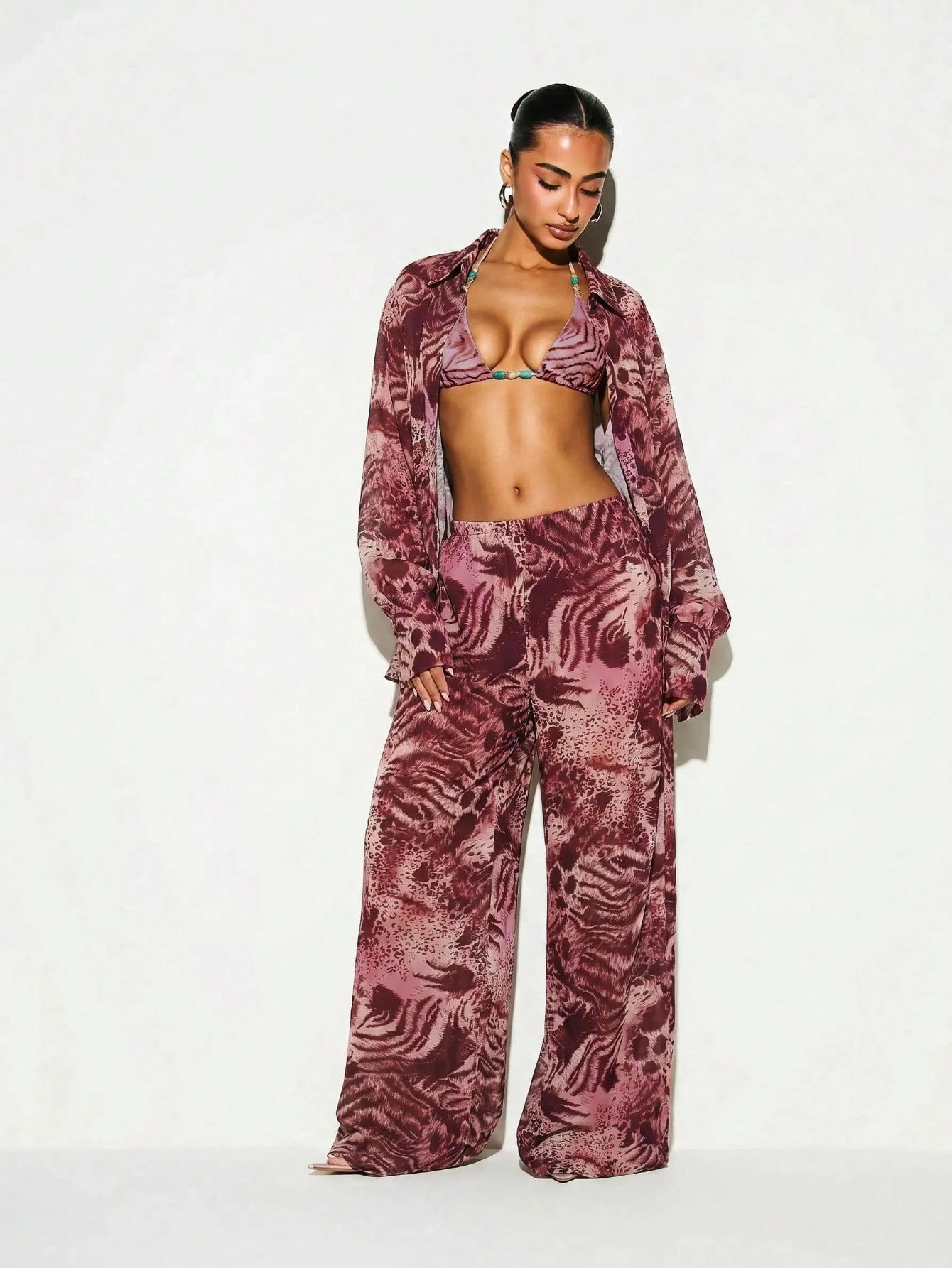 Mixed Animal Print Flowy Wide Leg Trousers