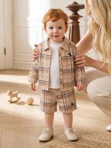Souflis Souflis 3pcs/Set Baby Boys Casual Fashion Print Pattern Button Long Sleeve Shirt, Round Neck Sleeveless Vest And Shorts Set Suitable For Spring/Summer Vacation, Sports, College, Party And Photography Baby Boys Set Baby Boy Summer Outfit Toddler Boy Clothes Summer Sets Baby Boy Casual Set Summer Wear For Boys - Multicolor - View 4