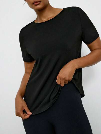 Voyena Plus Size Women's Sports Short Sleeve T-Shirt, Round Neck, Backless Design, Yoga T-Shirt, Fitness T-Shirt Top