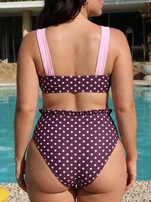 Swim Mod 2026 New Spring/Summer Plus Size 2-Piece Bikini Set Set For Women, Brown Base With Pink Polka Dot Random Print Top And Pink Solid Color Shoulder Strap Large Scoop Neck Bottom, Suitable For Beach And Vacation Wear - Multicolor - View 2