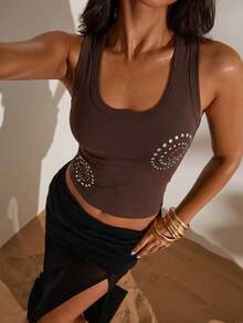 Opulessa Spring/Summer Vacation Solid Color Knit Fitted Women's Tank Top - Brown - View 2