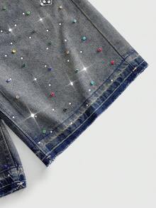 ROMWE MEN Street Life Celana Pendek Denim Pria dengan Hiasan Berlian Imitasi Warna-warni dan Saku Kancing - Biru - View 5
