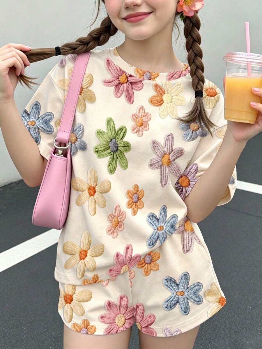 Tween Girl Casual Minimalist Cute Fun Textured Floral Print Short Sleeve T-Shirt And Shorts 2-Piece Set Suitable For Summer - Multicolor - View 1