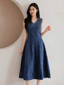 DAZY Women's Slim Fit V-Neck Long Denim Dress, Spring & Summer - Blue - View 10