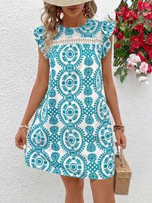 Vivid Eden Women's Round Neck Cap Sleeve Floral Lace Patchwork A-Line Casual Vacation Dress - Green - View 1