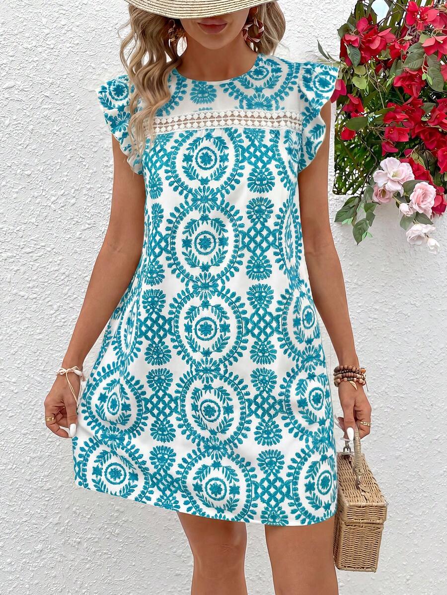 Vivid Eden Women's Round Neck Cap Sleeve Floral Lace Patchwork A-Line Casual Vacation Dress - Green - View 1