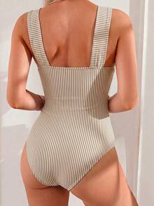 Swim Lushoire Traje de baño de una pieza minimalista para mujer con tirantes fruncidos de unicolor, estilo boho para festival y vacaciones de primavera - Café integral - Ver 2