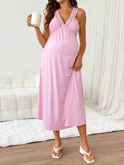 SHEIN 孕婦蕾絲拼接百褶休閒日常外出洋裝