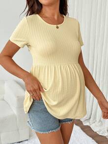 SHEIN Maternity Round Neck Short Sleeve Solid Color Textured High Waist Ruffle Hem T-Shirt - Yellow - View 8
