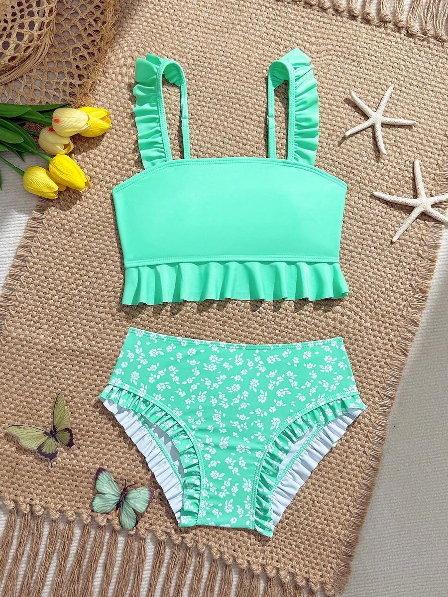 SHEIN 女童夏季深藍色碎花印花兩件套,肩帶與胸下荷葉邊,腰部與腿部開口處荷葉邊,深藍色碎花面料,時尚度假風,適合夏季海邊度假、游泳與溫泉穿著,夏季 - 綠色 - 查看 1
